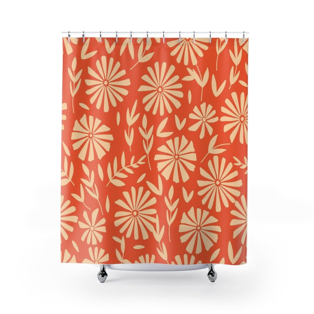 Retro Flowers Mod Boho Shower Curtain, 1970's Hippie Groovy Bathroom Decor with Colorful Designs