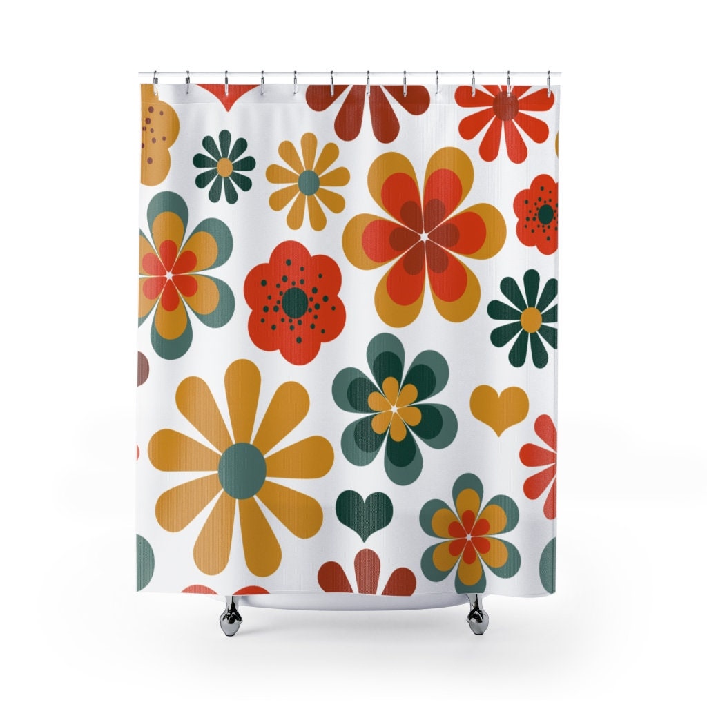 Retro Flowers Mod Boho Shower Curtain, 1970's Hippie Groovy Bathroom Decor with Colorful Designs - Image 2