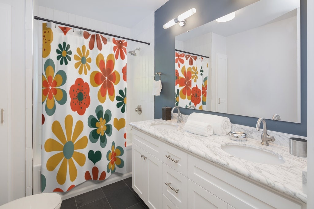 Retro Flowers Mod Boho Shower Curtain, 1970's Hippie Groovy Bathroom Decor with Colorful Designs - Image 3