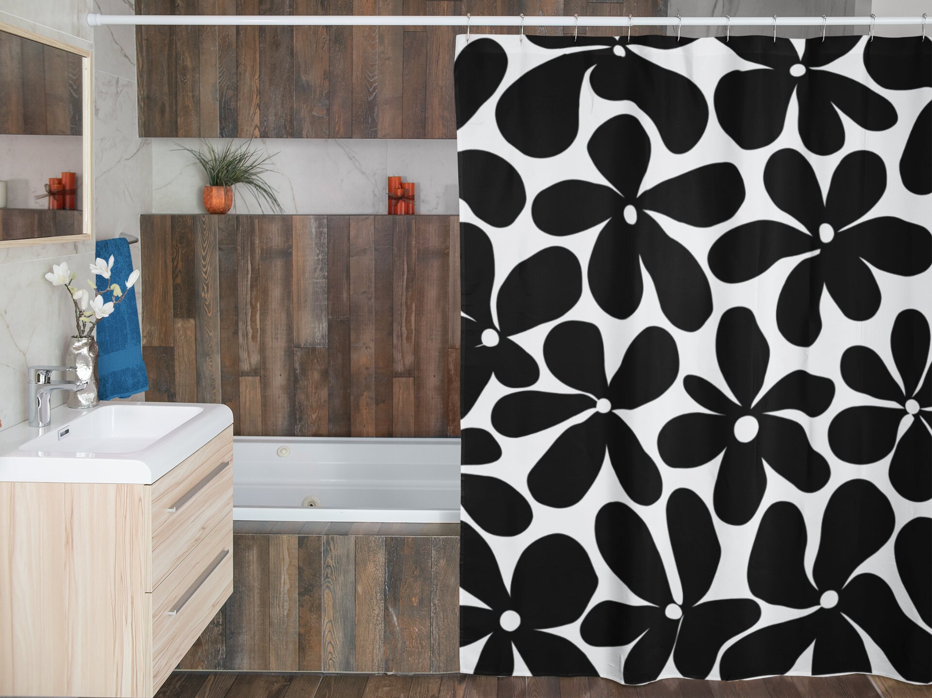 Retro Flowers Mod Boho Shower Curtain, 1970's Hippie Groovy Bathroom Decor with Unique Designs