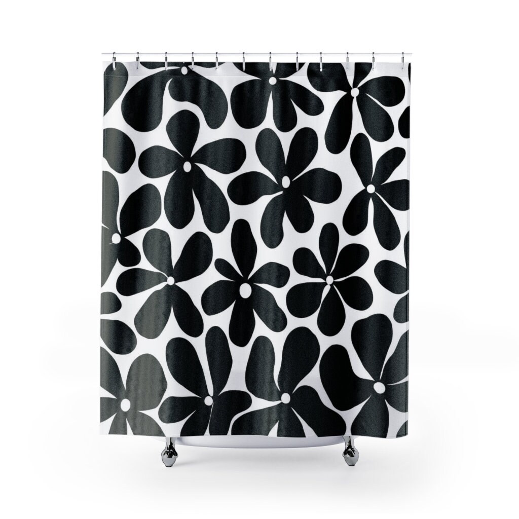Retro Flowers Mod Boho Shower Curtain, 1970's Hippie Groovy Bathroom Decor with Unique Designs - Image 2