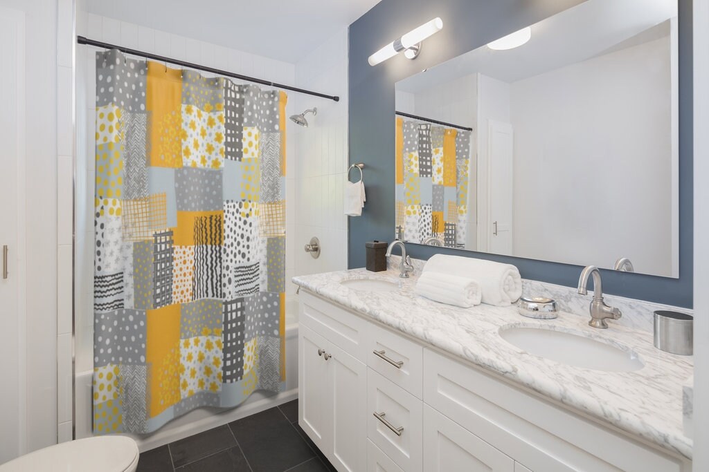 Retro Flowers and Patchwork Design Retro Shower Curtain for a Quirky Bathroom - Image 2