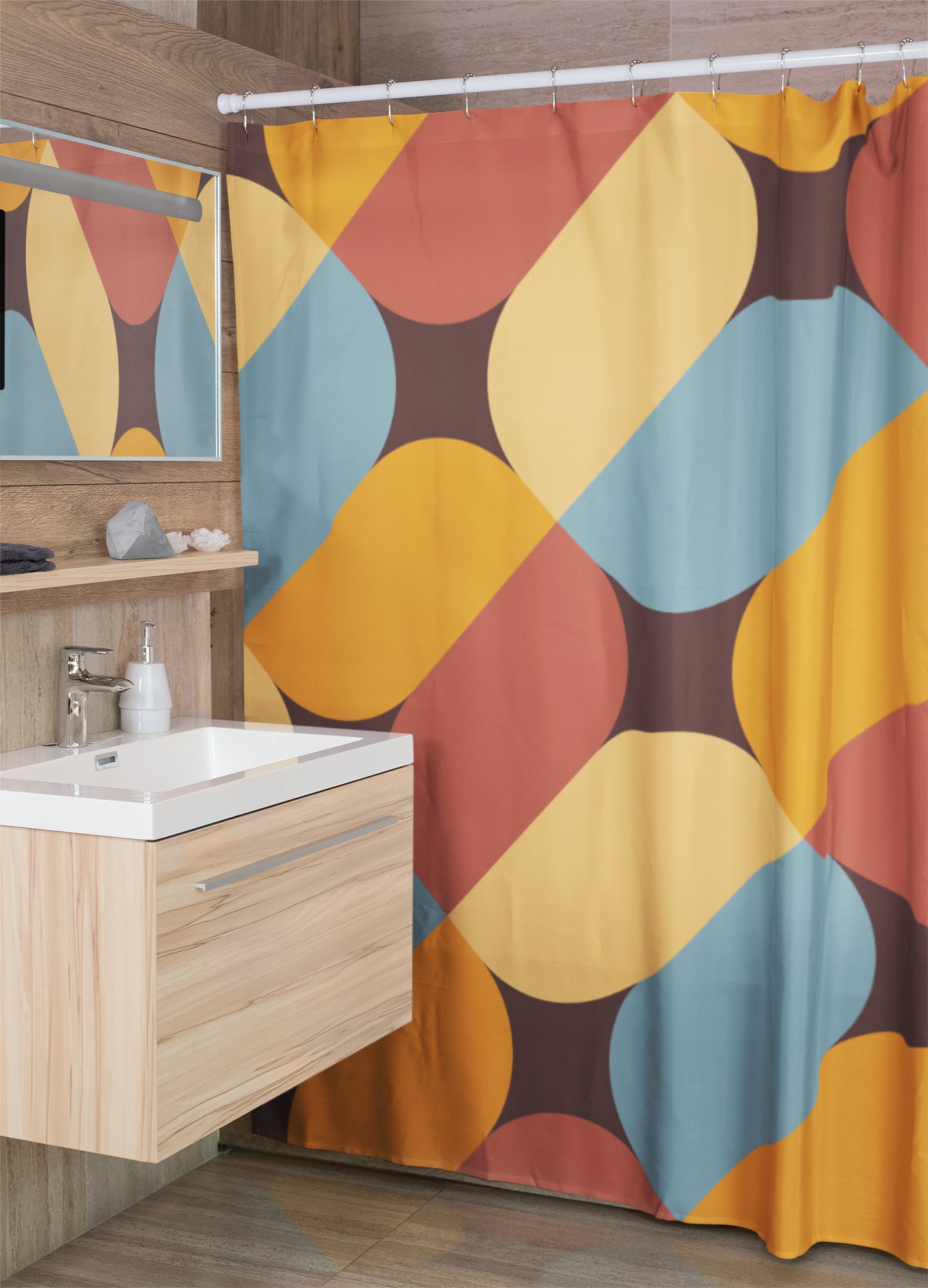 Retro Geometric Shower Curtain, Boho 60's 70's Hippie Bathroom Accessory, Vintage Curtain for Groovy Vibe