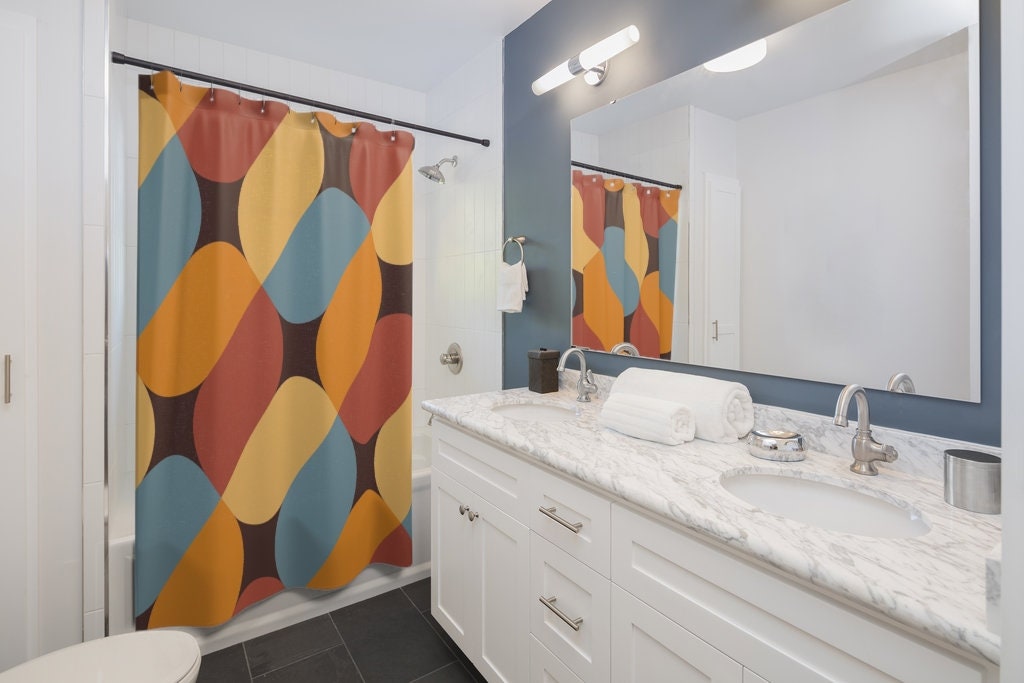 Retro Geometric Shower Curtain, Boho 60's 70's Hippie Bathroom Accessory, Vintage Curtain for Groovy Vibe - Image 3
