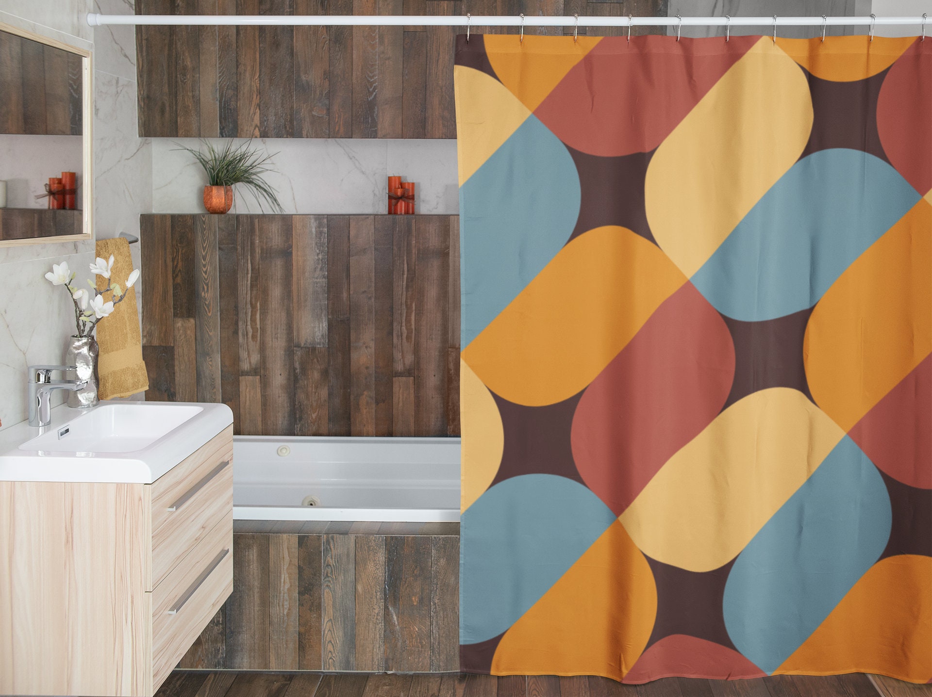 Retro Geometric Shower Curtain, Boho 60's 70's Hippie Bathroom Accessory, Vintage Curtain for Groovy Vibe - Image 4