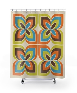 Retro Geometric Shower Curtain, Boho 60's 70's Hippie Bathroom Accessory, Vintage Curtain with Unique Charm
