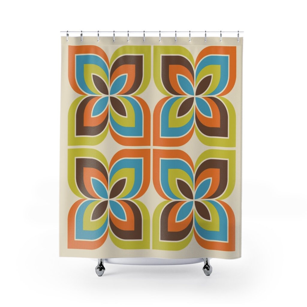 Retro Geometric Shower Curtain, Boho 60's 70's Hippie Bathroom Accessory, Vintage Curtain with Unique Charm