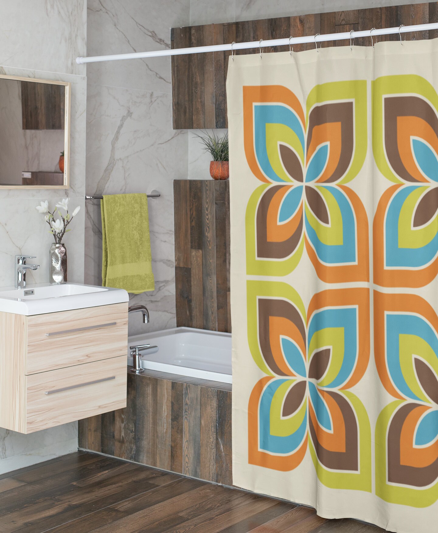 Retro Geometric Shower Curtain, Boho 60's 70's Hippie Bathroom Accessory, Vintage Curtain with Unique Charm - Image 2