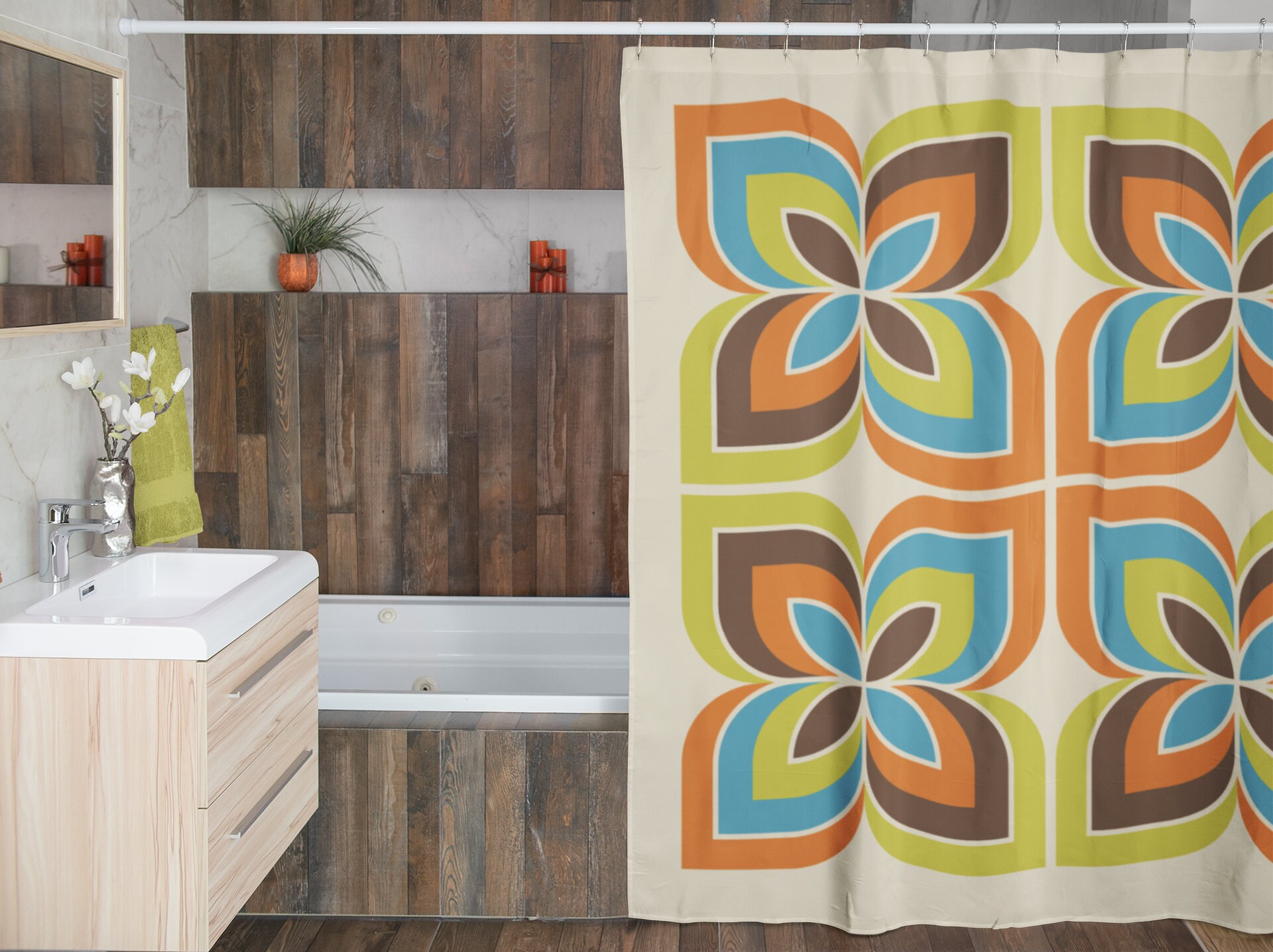Retro Geometric Shower Curtain, Boho 60's 70's Hippie Bathroom Accessory, Vintage Curtain with Unique Charm - Image 4