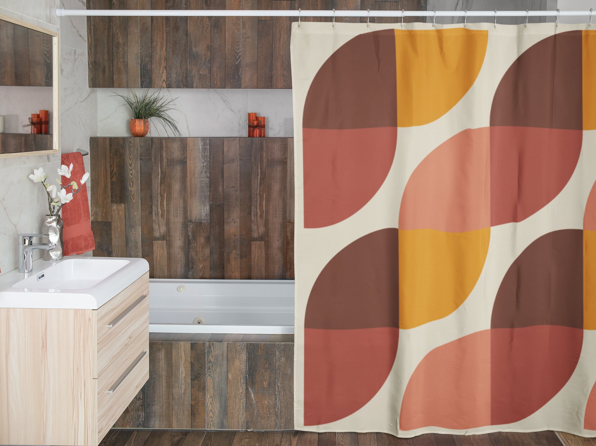 Retro Geometric Shower Curtain, Funky 60's 70's Hippie Bathroom Accessory, Chic Vintage Curtain for Unique Vibe