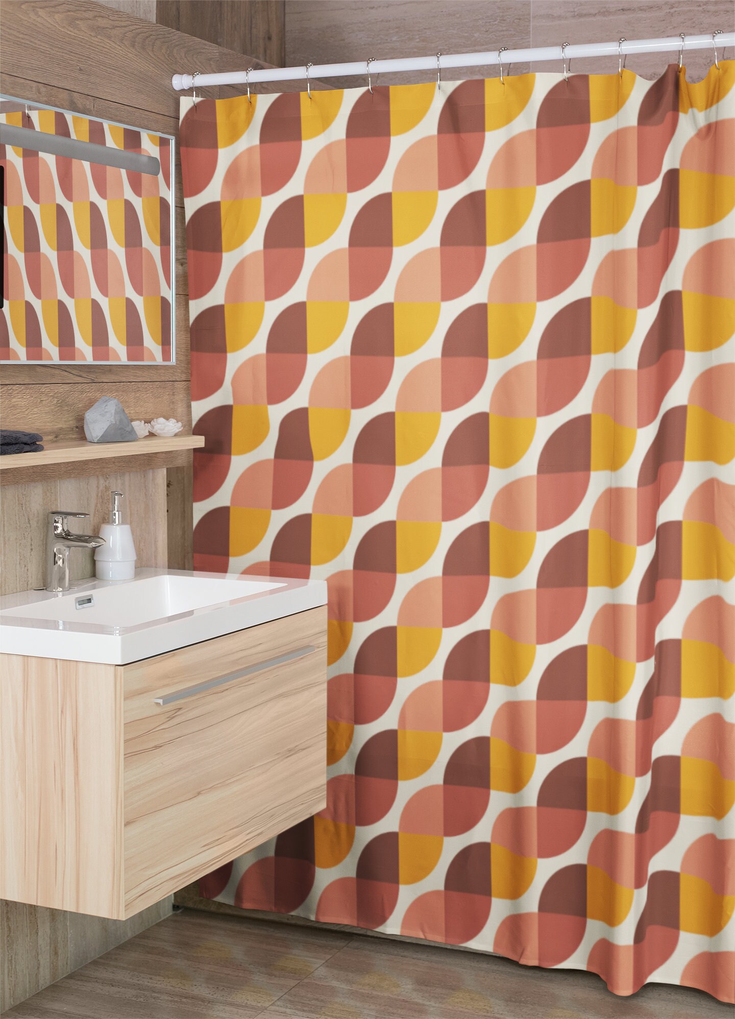 Retro Geometric Shower Curtain, Groovy 60's 70's Hippie Bathroom Accessory, Retro Bathroom Decor
