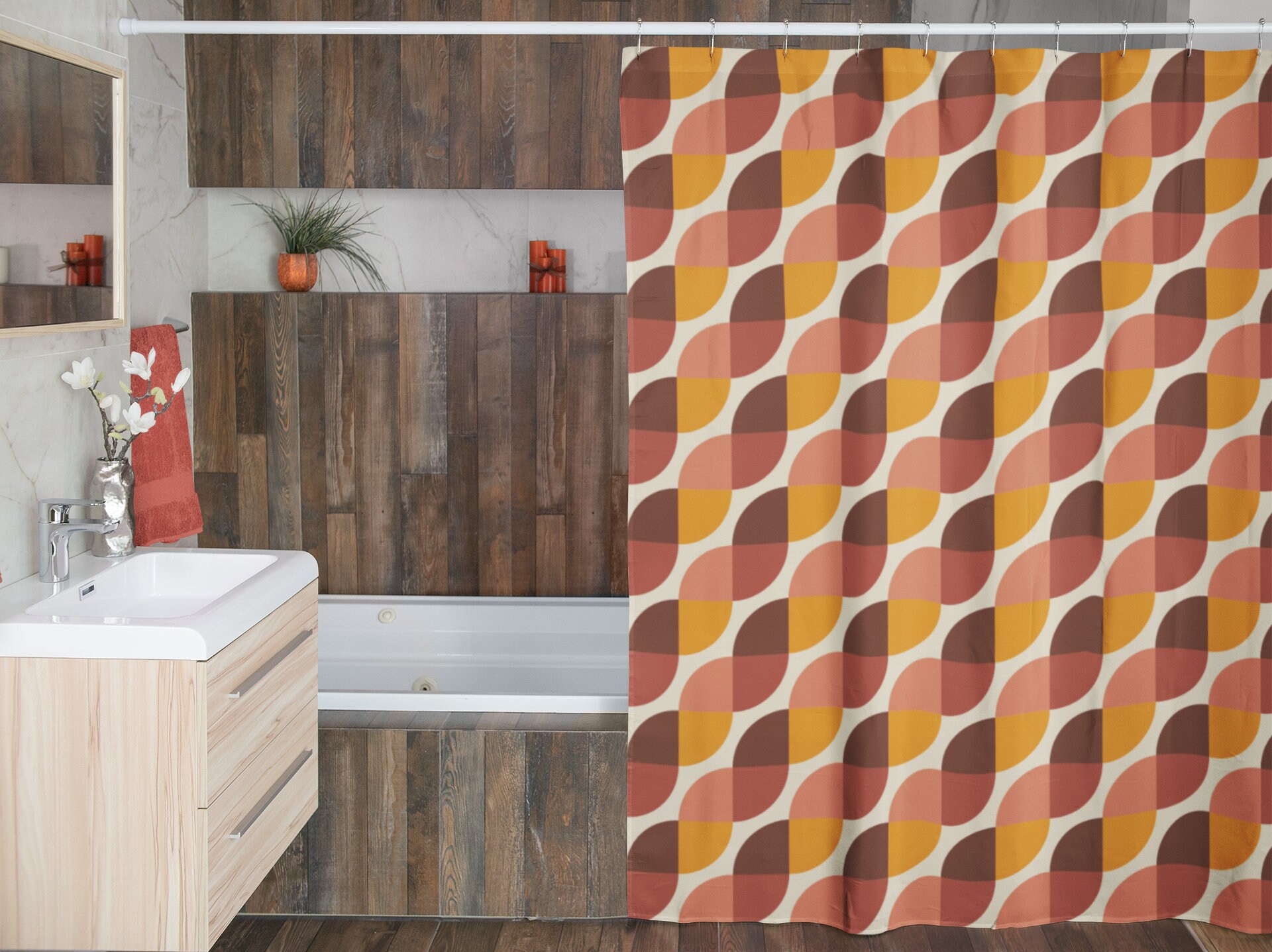 Retro Geometric Shower Curtain, Groovy 60's 70's Hippie Bathroom Accessory, Retro Bathroom Decor - Image 4