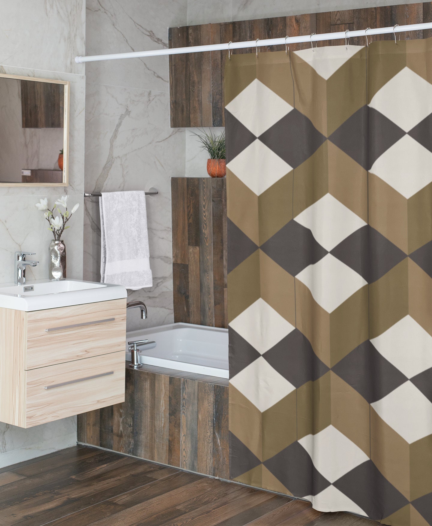 Retro Geometric Shower Curtain, Guest Bathroom Decor with Vibrant Colors and Retro Design - Image 4