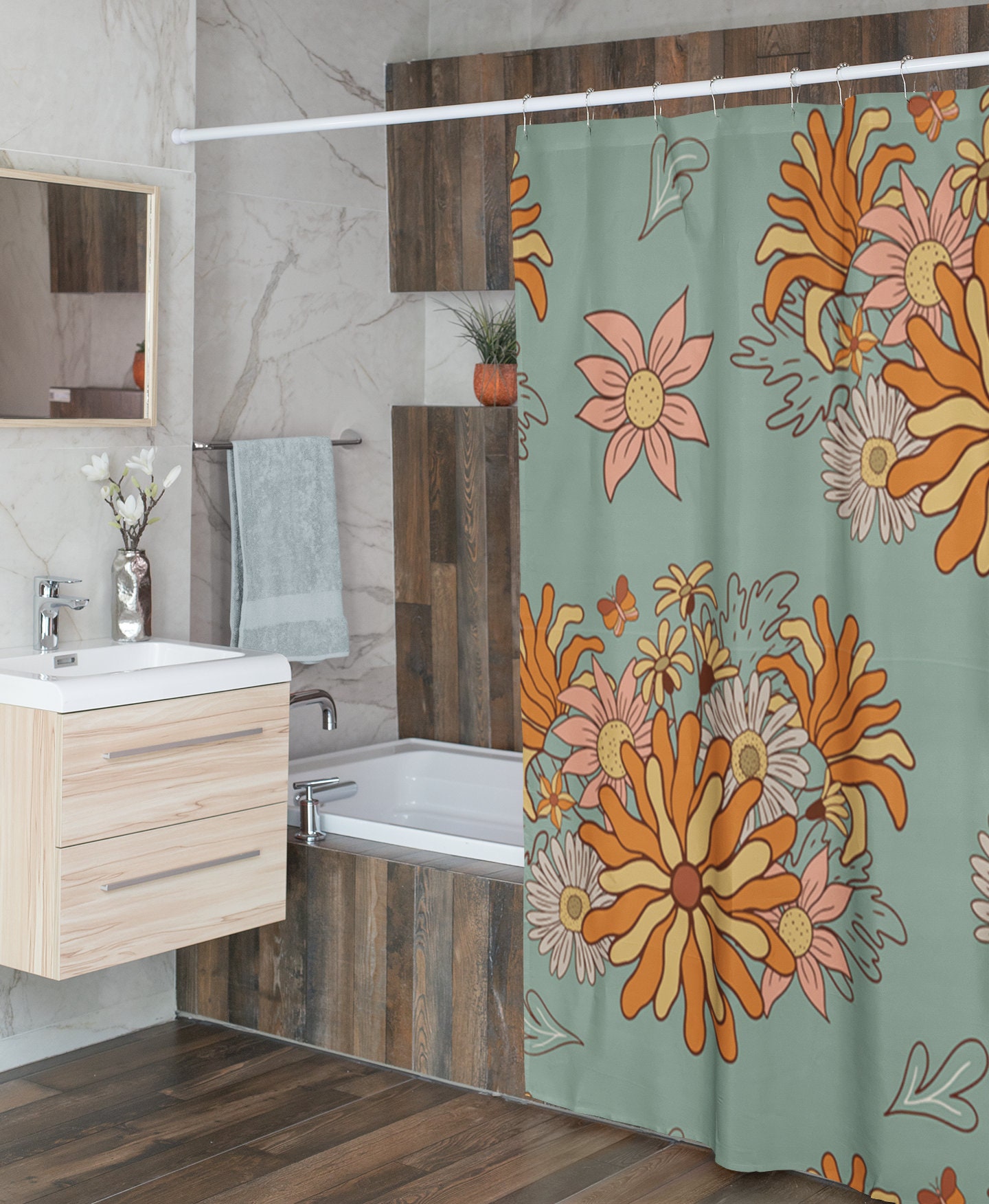 Retro Groovy 60's 70's Flowers Shower Curtain, Hippie Bathroom Accessory with Bohemian Touch