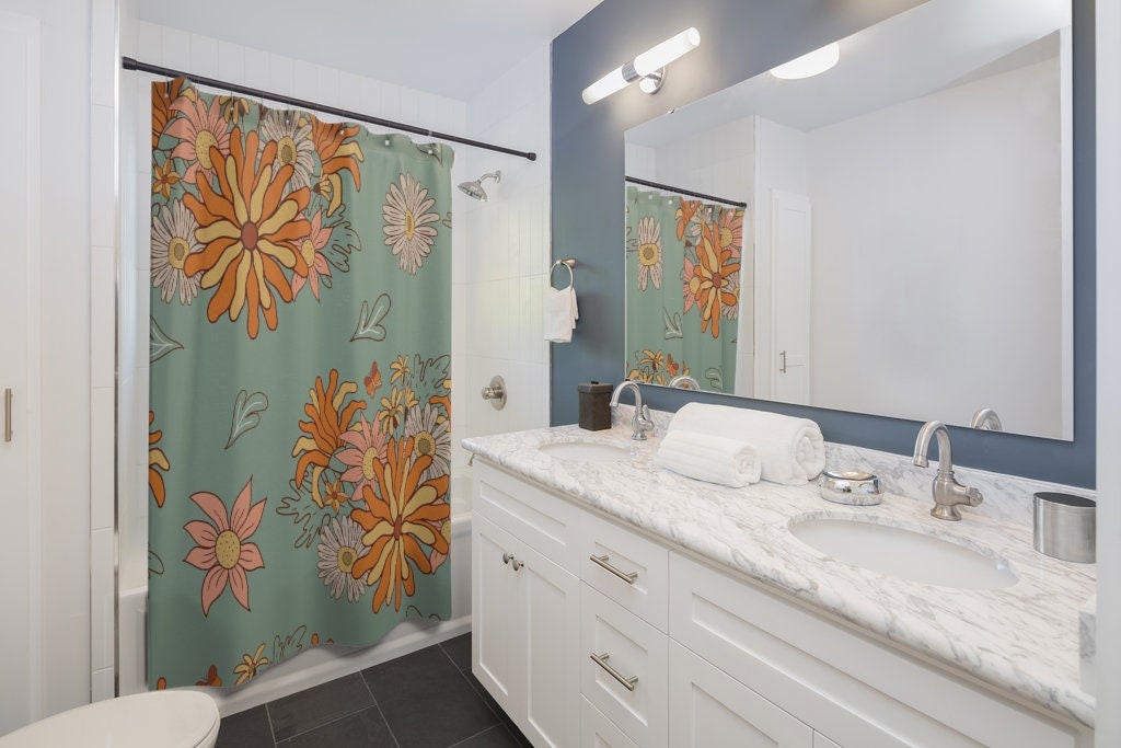 Retro Groovy 60's 70's Flowers Shower Curtain, Hippie Bathroom Accessory with Bohemian Touch - Image 2