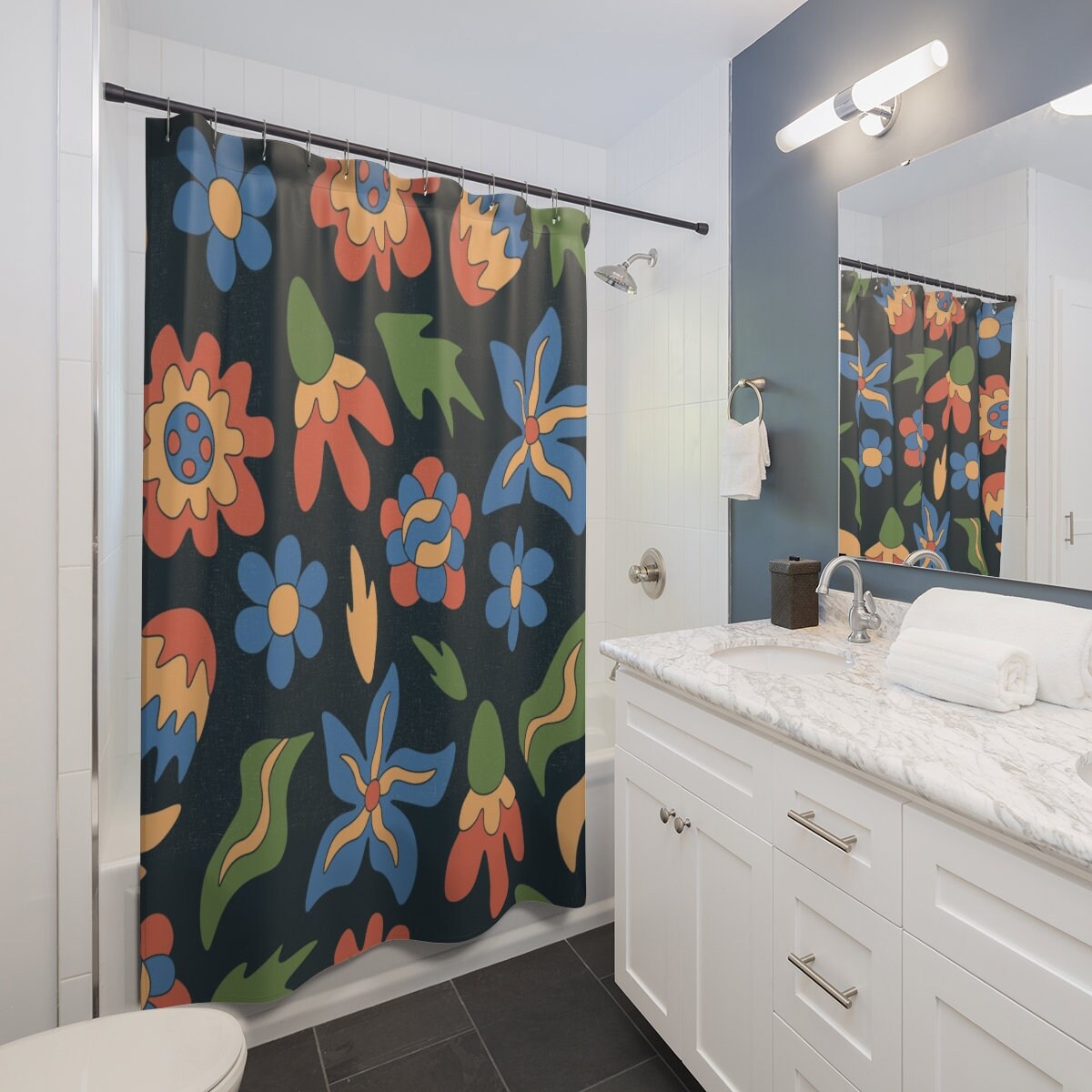 Retro Groovy 60's 70's Flowers Shower Curtain, Hippie Bathroom Accessory with Bohemian Touch - Image 3