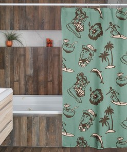 Retro Hawaiian Shower Curtain, Tropical 60's 70's Tiki Bathroom Accessory, Vintage Curtain with Island Vibes