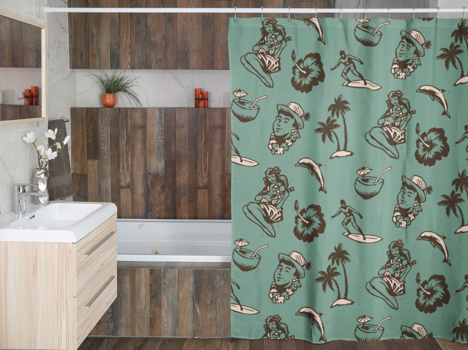 Retro Hawaiian Shower Curtain, Tropical 60's 70's Tiki Bathroom Accessory, Vintage Curtain with Island Vibes