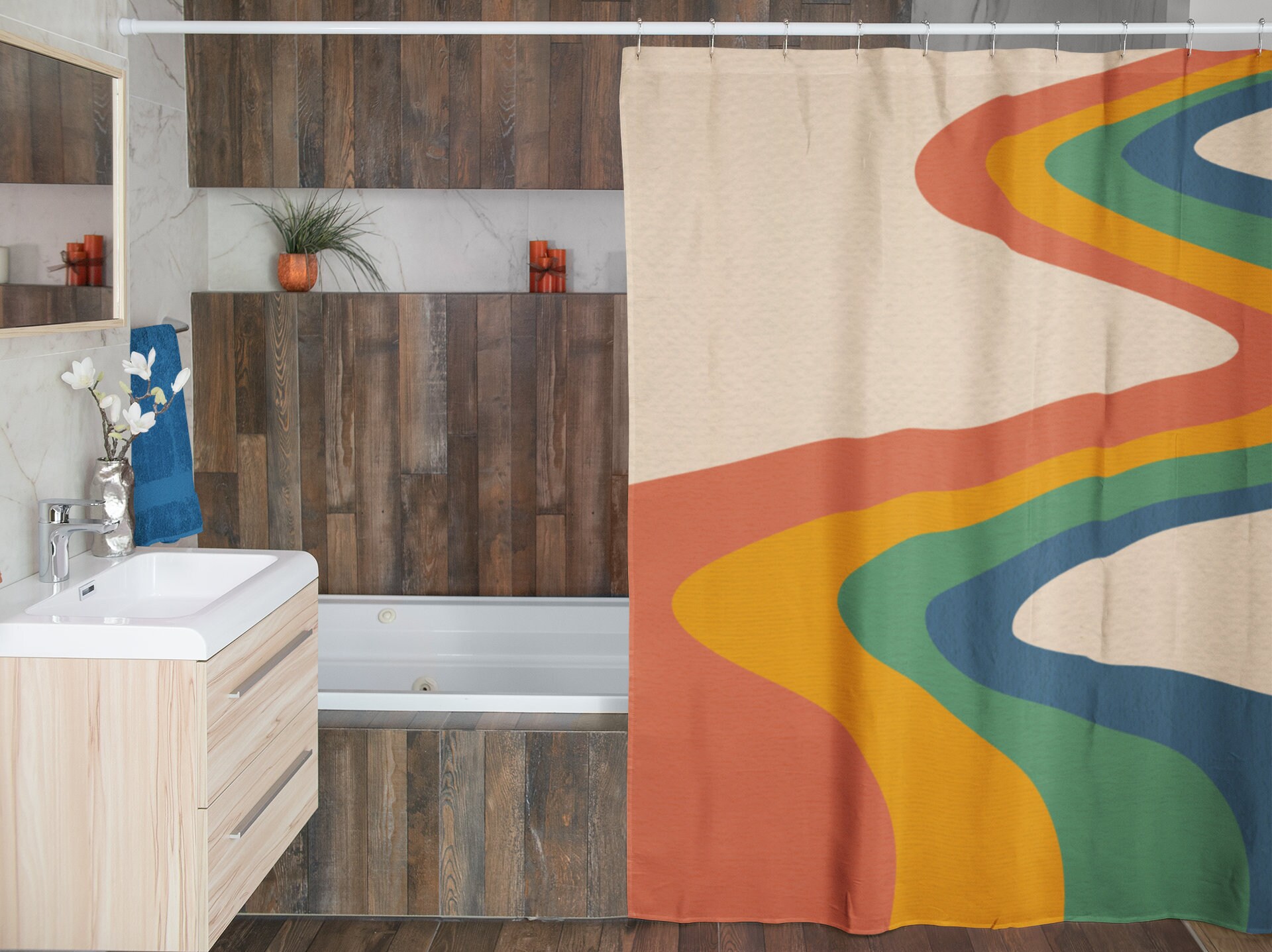 Retro Hippie Shower Curtain, 60s 70s Inspired Bathroom Decor, Groovy Tub Accessory - Image 3