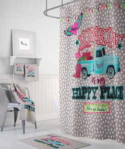 Retro Junking Fleamarket Shower Curtain | Old Truck Design Bath Curtain | Vintage Bath Mat & Towels