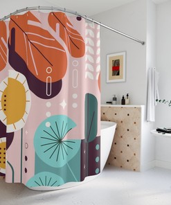 Retro Leaves Leaf Sunset Sunshine Shower Curtain or Mat | Contemporary Art | Minimalistic Apartment Bathroom Curtain