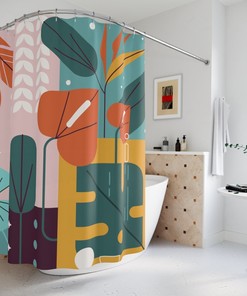 Retro Leaves Sunset Shower Curtain, Contemporary Art, Minimalistic Bathroom Curtain, Warm and Sunny Design