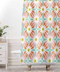Retro Mid Century Geometric Shower Curtain, Fabric Bathroom Decor, Unique Bath Curtain Design