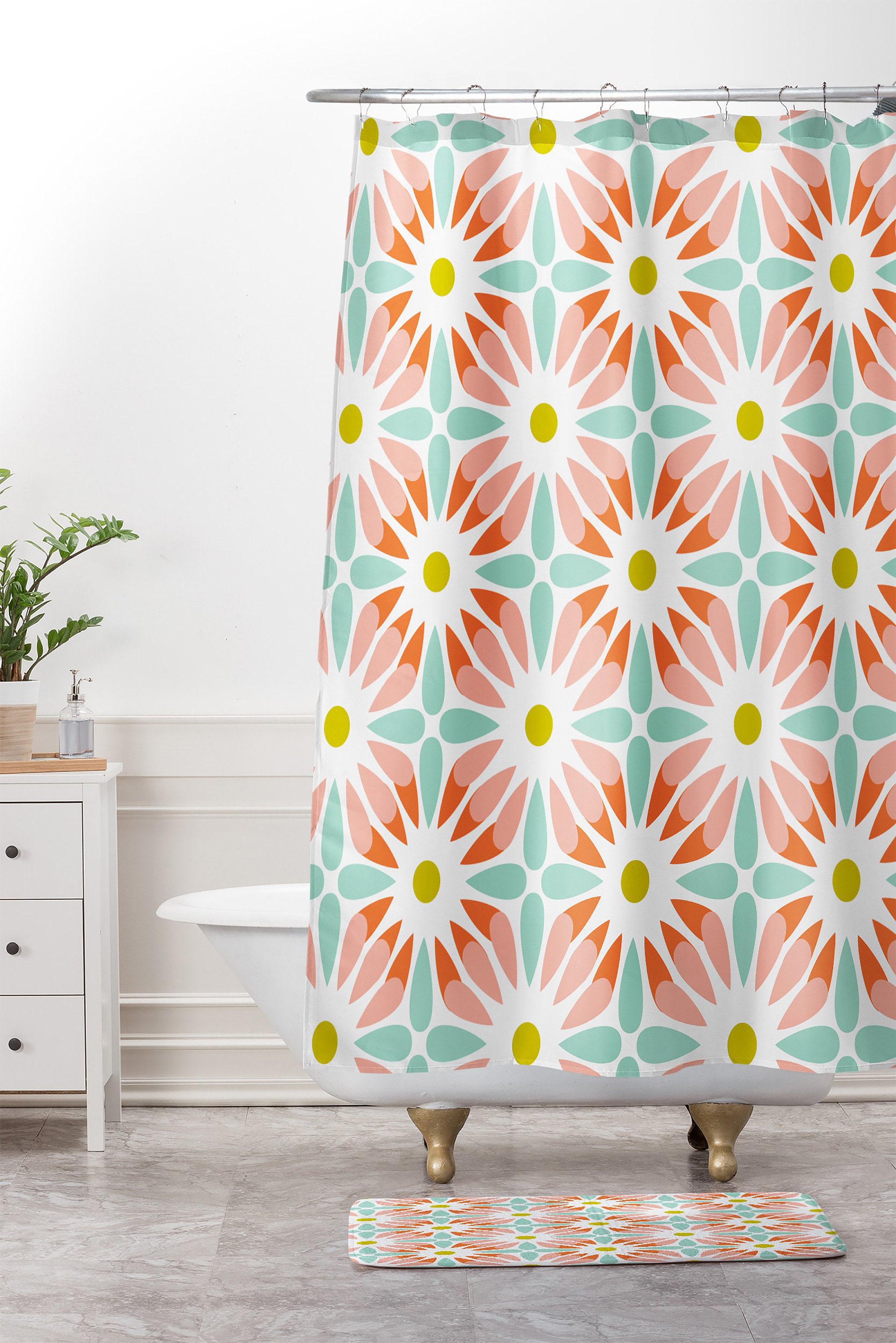 Retro Mid Century Geometric Shower Curtain, Fabric Bathroom Decor, Unique Bath Curtain Design