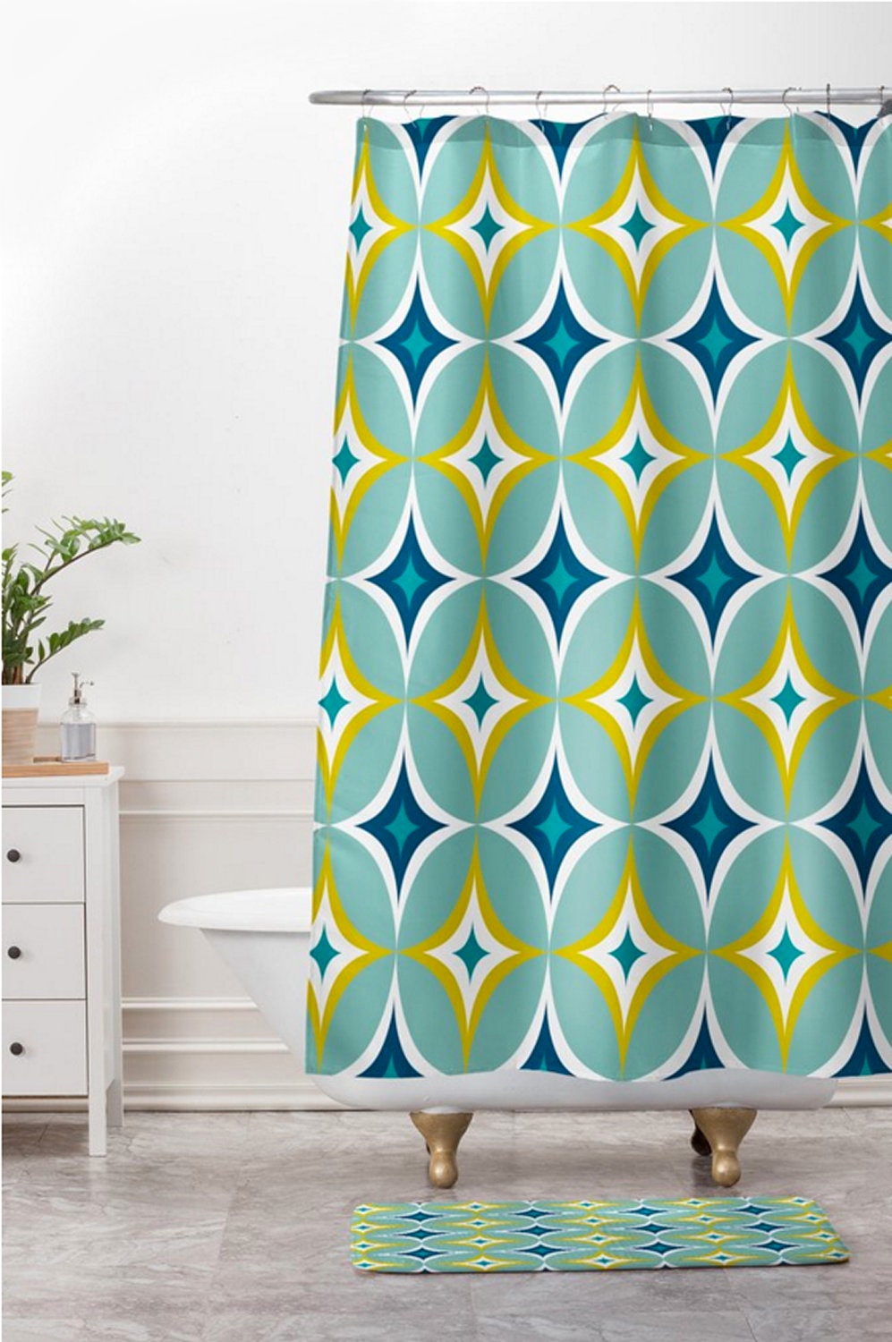 Retro Mid Century Geometric Shower Curtain, Fabric Retro Bathroom Decor, Minimalistic Design