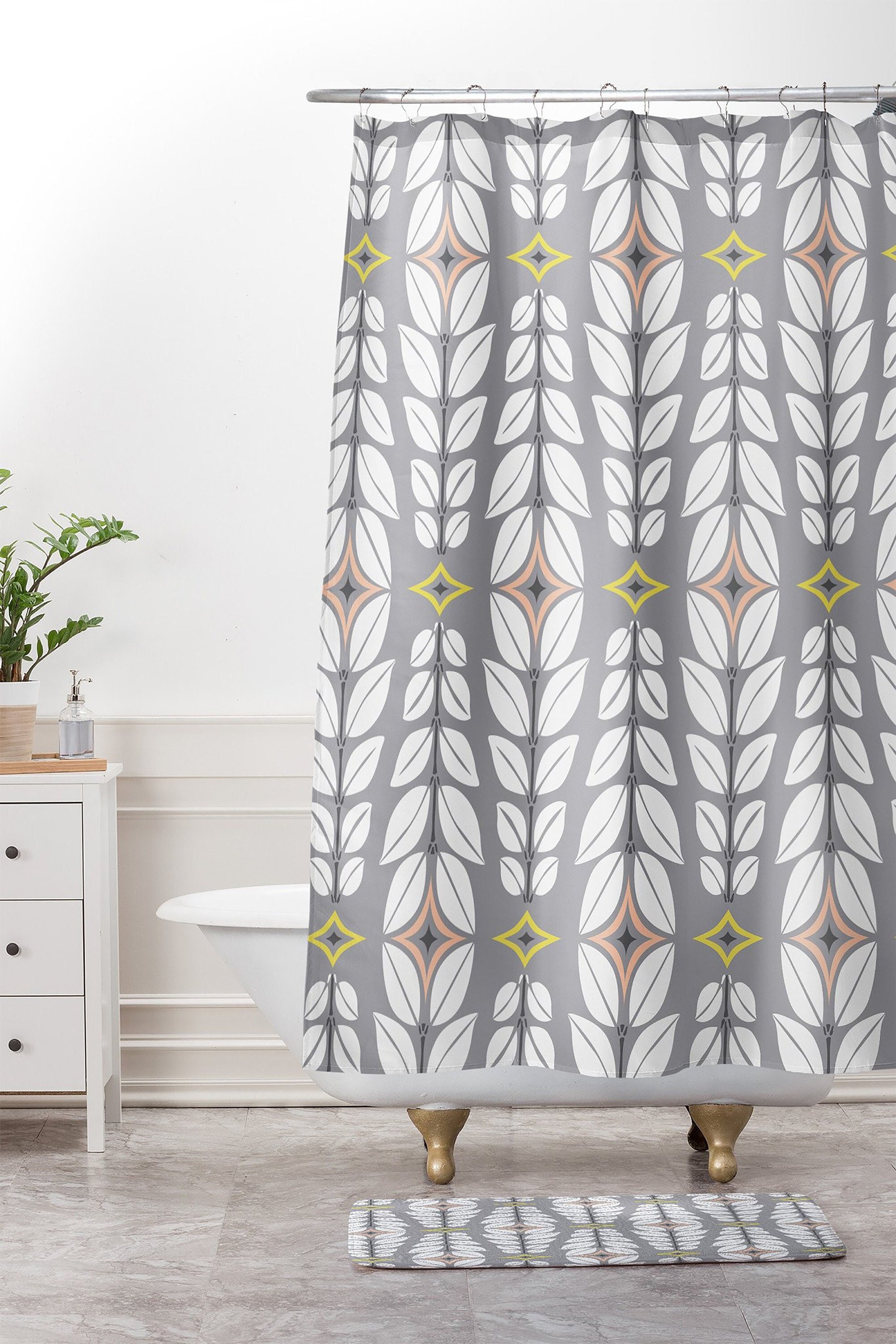 Retro Mid Century Gray Shower Curtain, Geometric Fabric Bathroom Decor