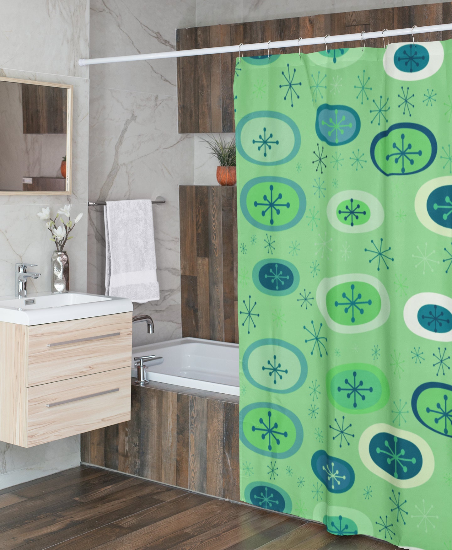 Retro Mid Century Modern Shower Curtain, Vintage Bathroom Decor