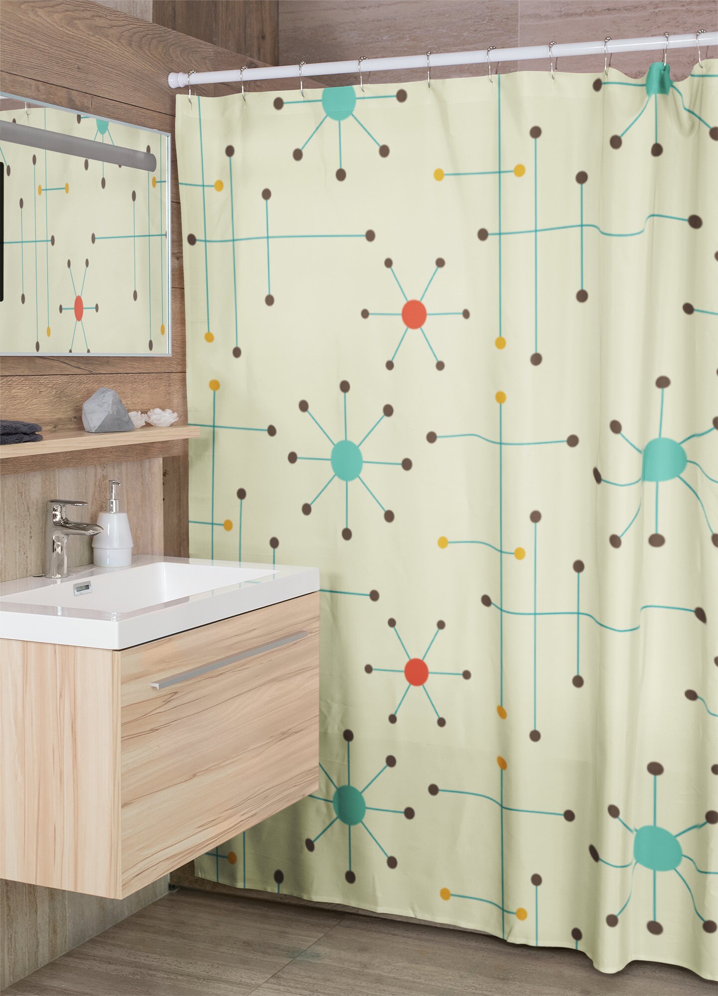 Retro Mid Century Modern Shower Curtain, Vintage Bathroom Decor, MCM Style