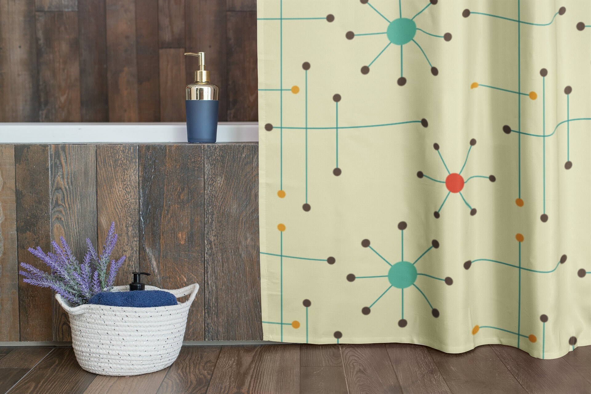 Retro Mid Century Modern Shower Curtain, Vintage Bathroom Decor, MCM Style - Image 2
