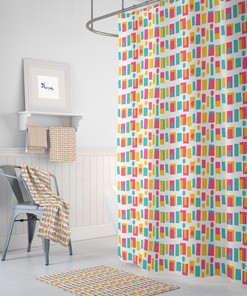 Retro Mid Century Shower Curtain | Modern Block Pattern Bath Curtain | Vintage Bathroom Decor