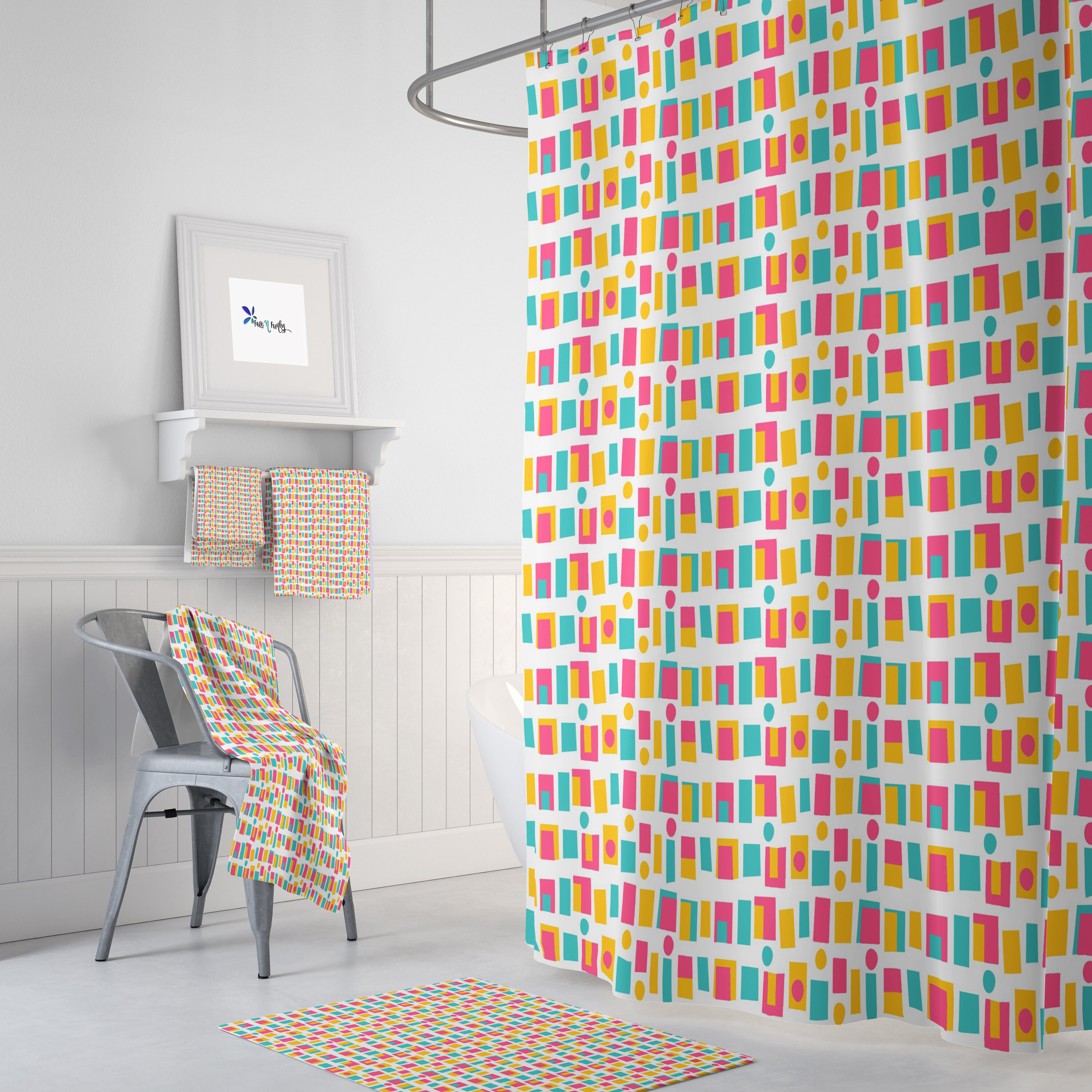 Retro Mid Century Shower Curtain | Modern Block Pattern Bath Curtain | Vintage Bathroom Decor