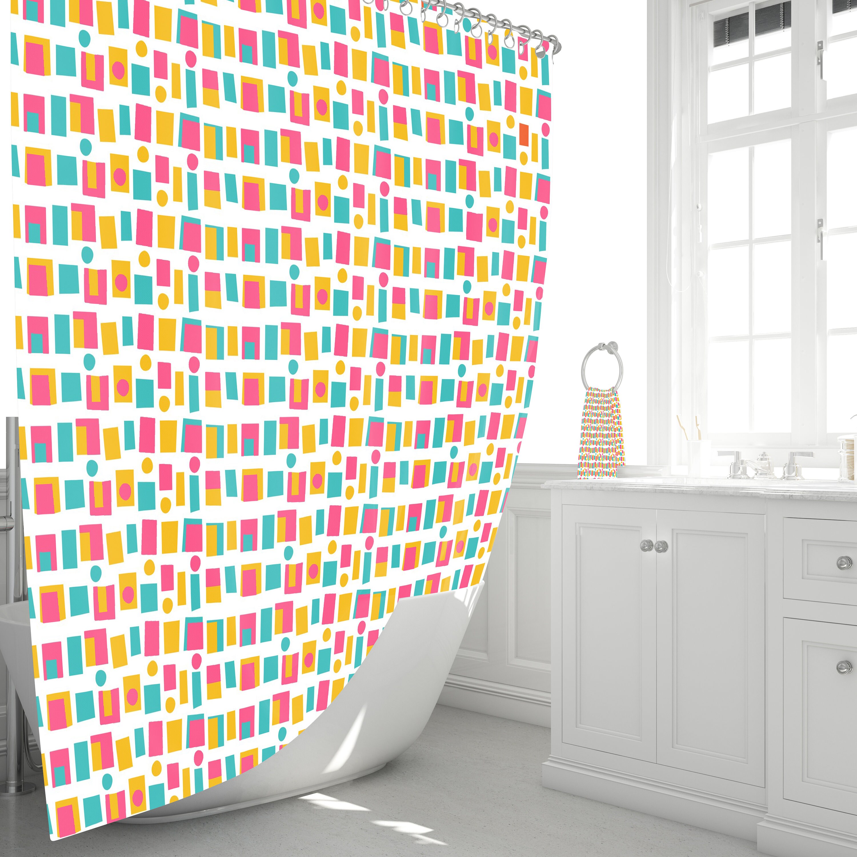 Retro Mid Century Shower Curtain | Modern Block Pattern Bath Curtain | Vintage Bathroom Decor - Image 2