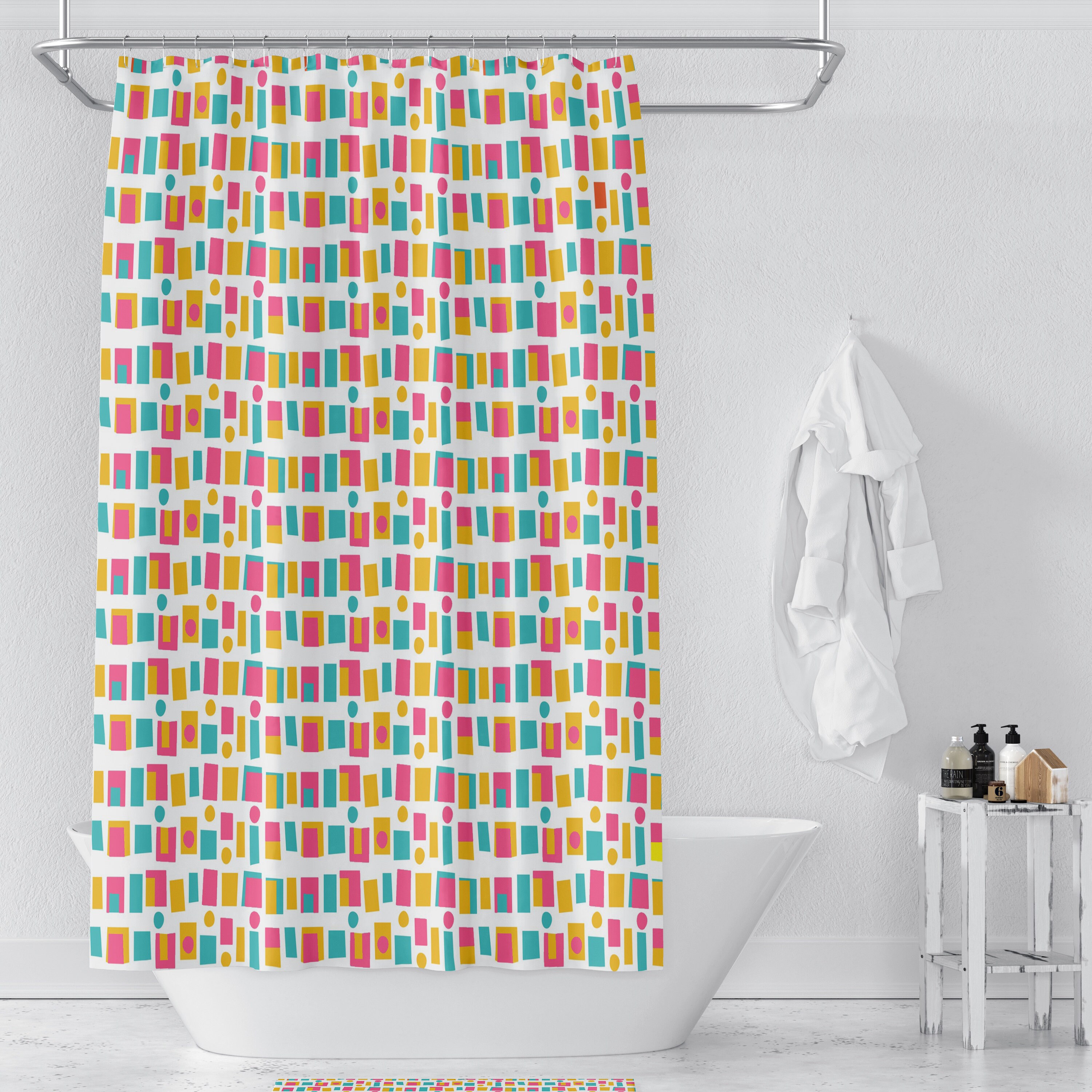 Retro Mid Century Shower Curtain | Modern Block Pattern Bath Curtain | Vintage Bathroom Decor - Image 3