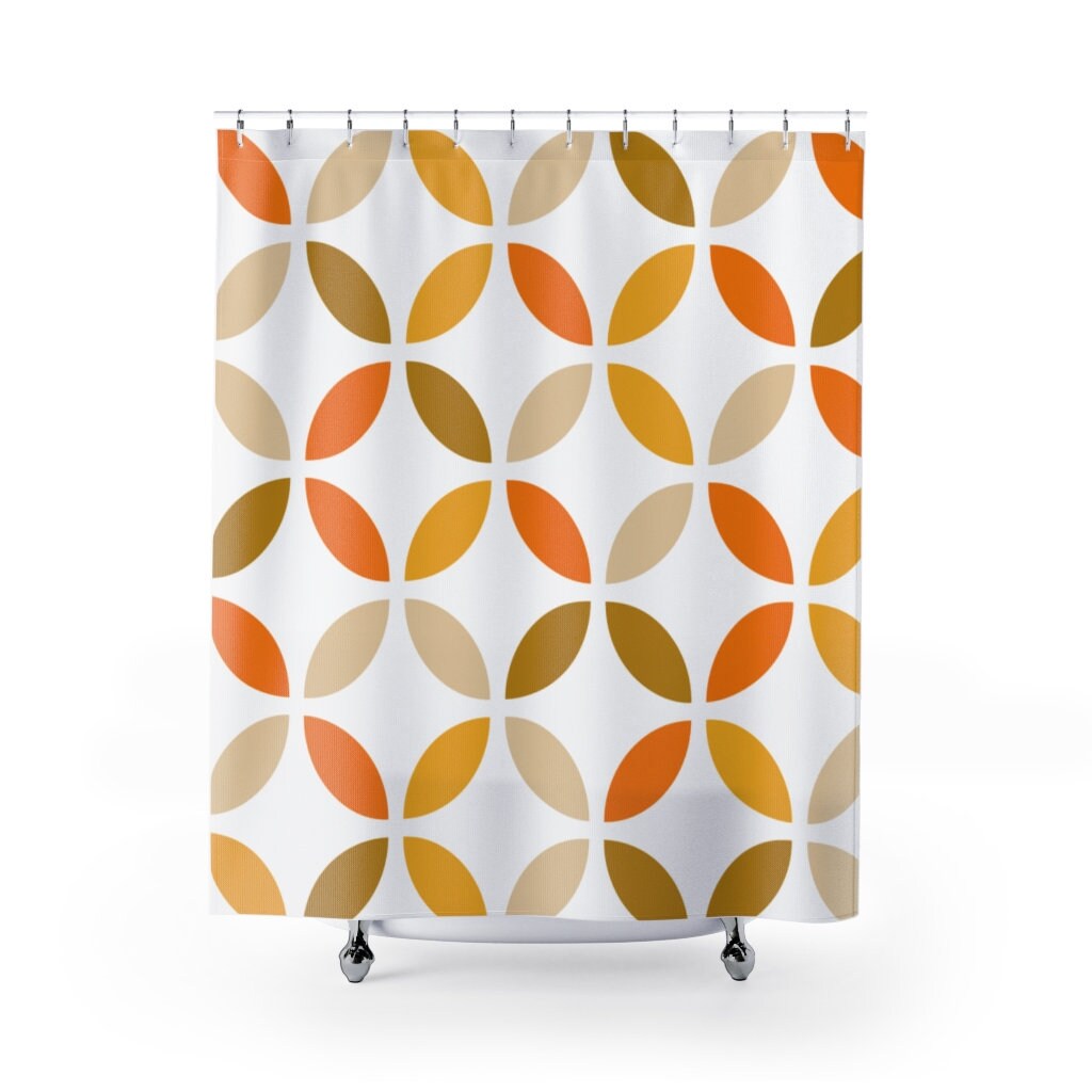 Retro Mid Mod Boho Geometric Scandinavian Orange/Yellow/Green/White/Beige Shower Curtain with Modern Twist