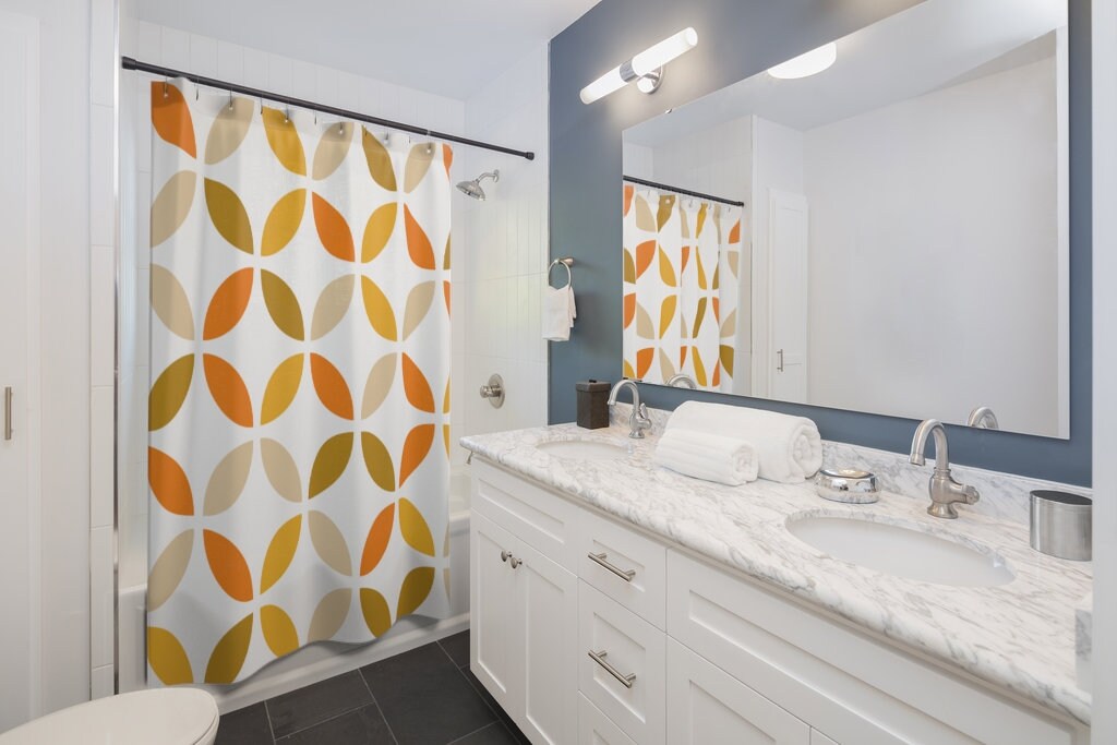 Retro Mid Mod Boho Geometric Scandinavian Orange/Yellow/Green/White/Beige Shower Curtain with Modern Twist - Image 2