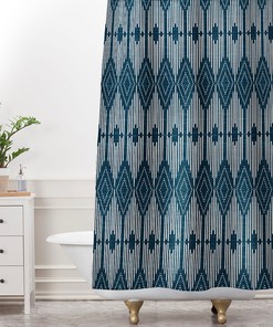 Retro Midnight Blue Shower Curtain | Geometric Bath Curtain | West End Midnight Design | Vintage Bathroom Decor