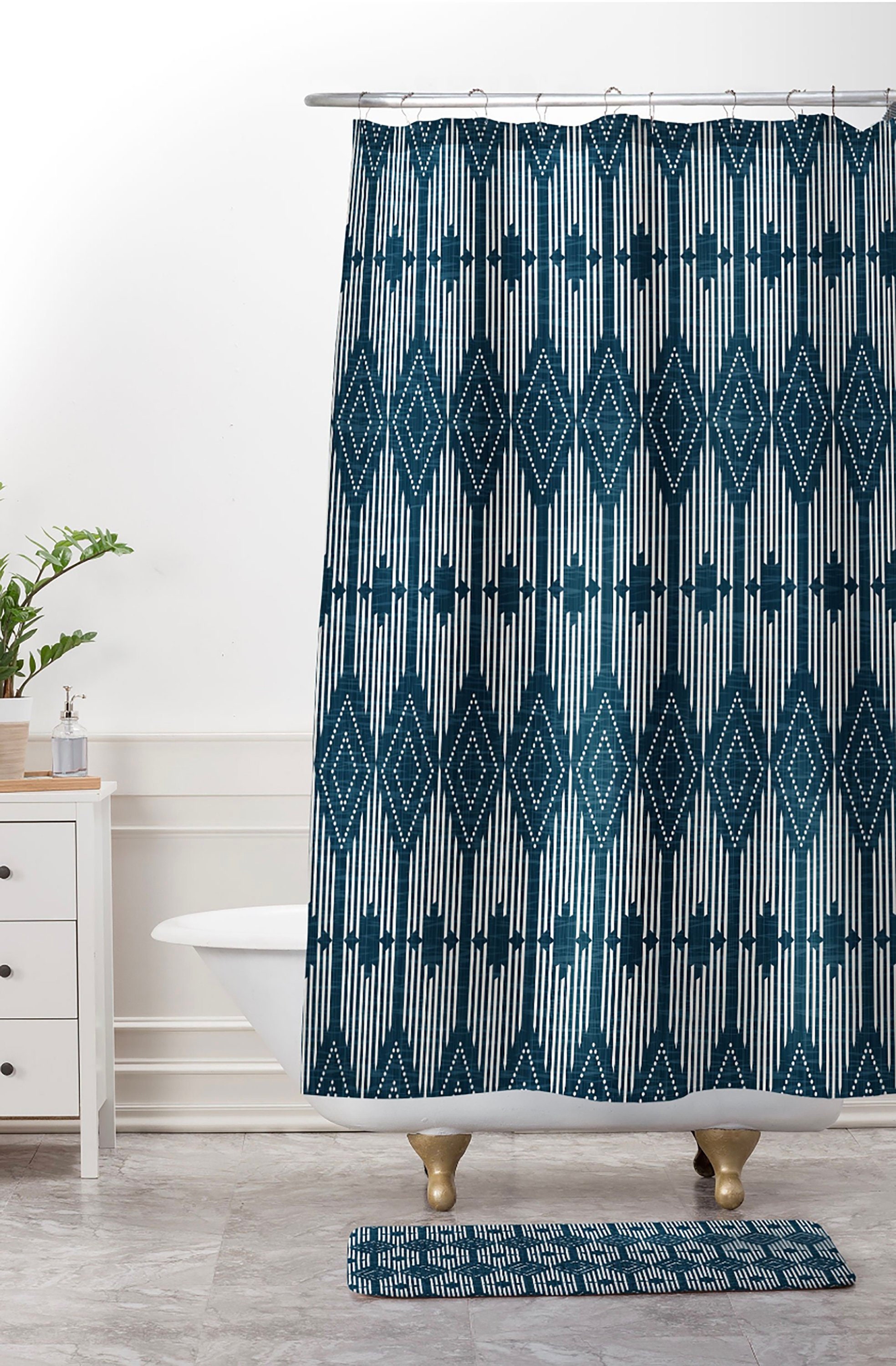 Retro Midnight Blue Shower Curtain | Geometric Bath Curtain | West End Midnight Design | Vintage Bathroom Decor