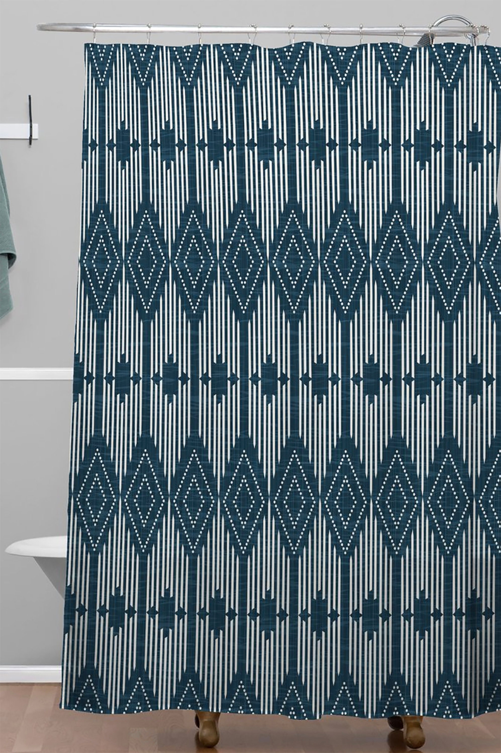 Retro Midnight Blue Shower Curtain | Geometric Bath Curtain | West End Midnight Design | Vintage Bathroom Decor - Image 3