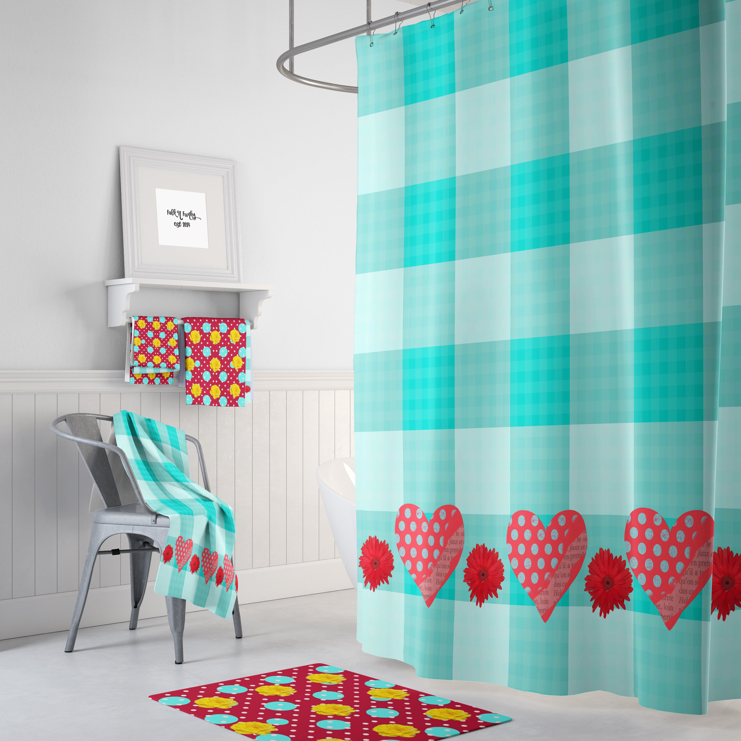 Retro Mix Red/Turquoise Shower Curtain | Vintage Bath Curtain | 50s Style Bathroom Decor
