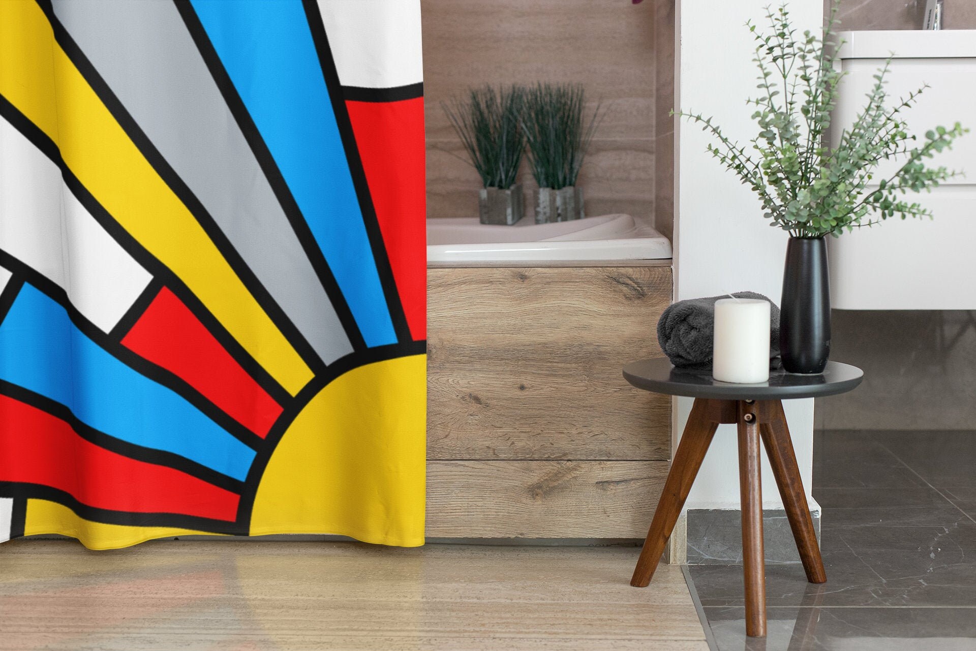 Retro Mondrian Shower Curtain, Mid Century Modern Bath Accessory, Cool Bathroom Decor