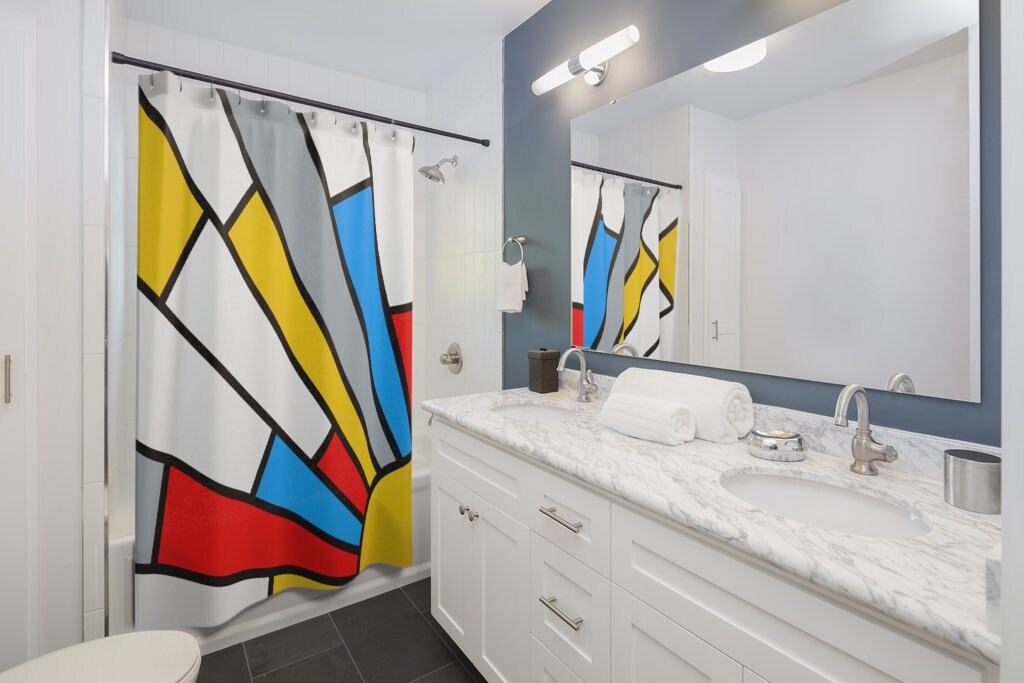 Retro Mondrian Shower Curtain, Mid Century Modern Bath Accessory, Cool Bathroom Decor - Image 3