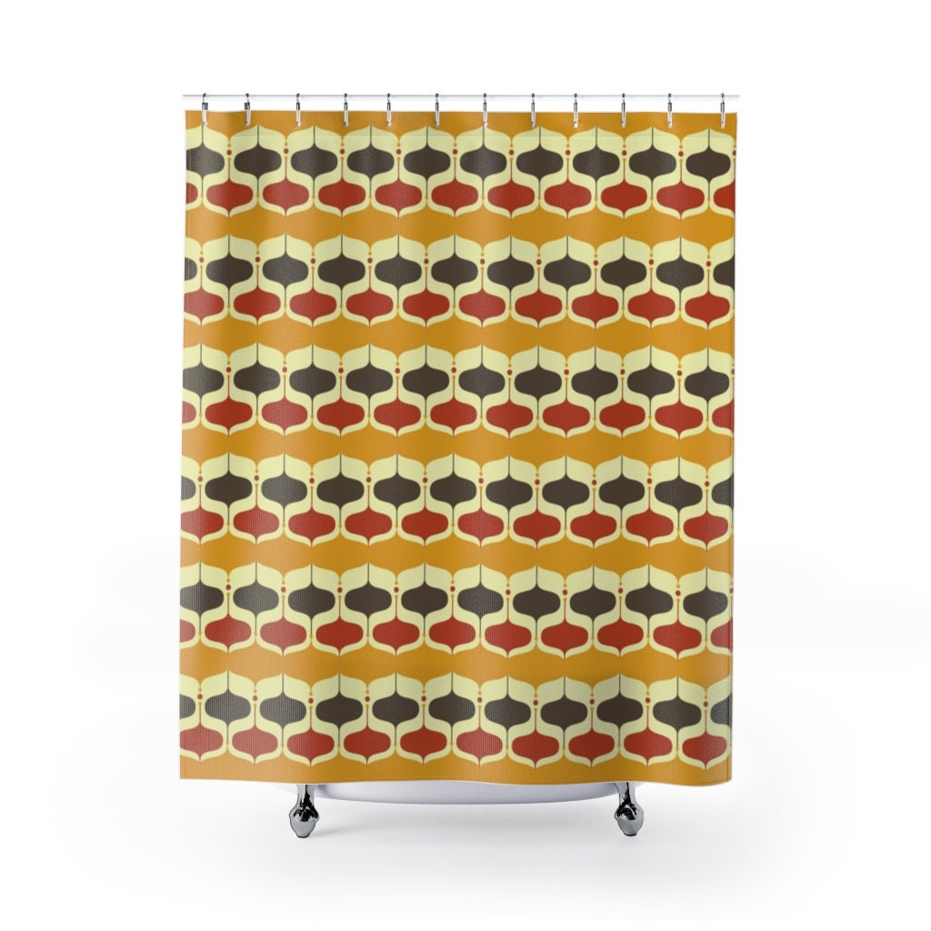 Retro Mustard Yellow Brown and Rust Shower Curtain for Mid Century Modern Bath