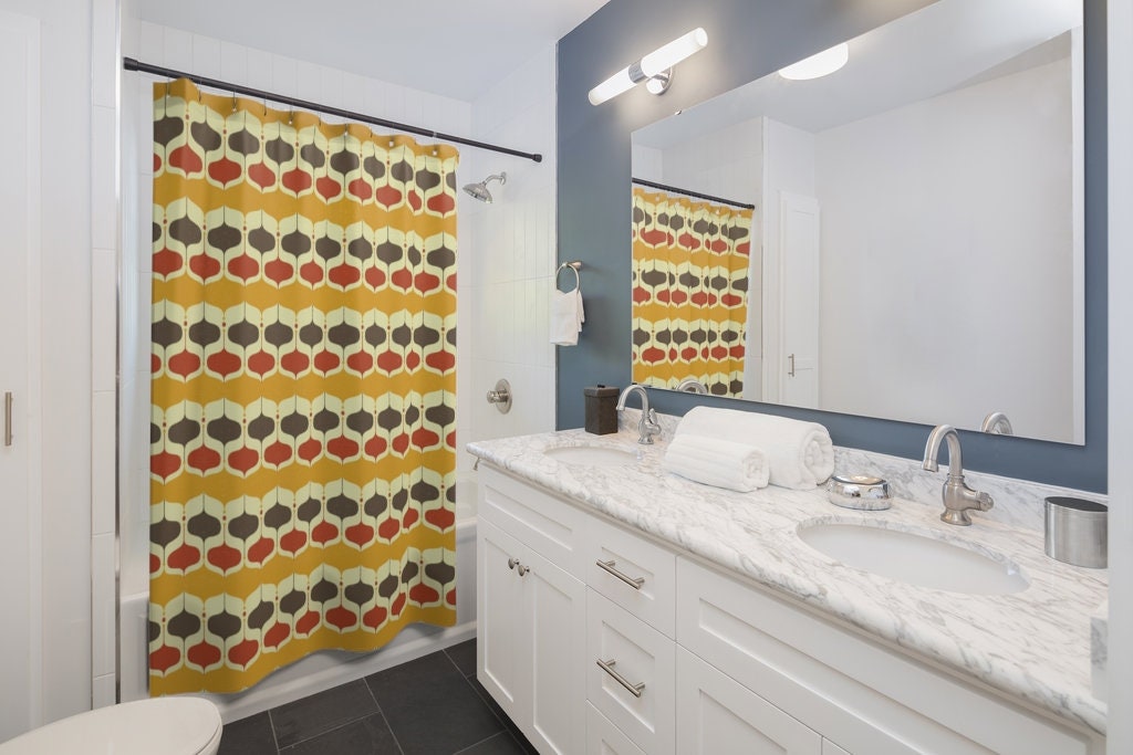 Retro Mustard Yellow Brown and Rust Shower Curtain for Mid Century Modern Bath - Image 2