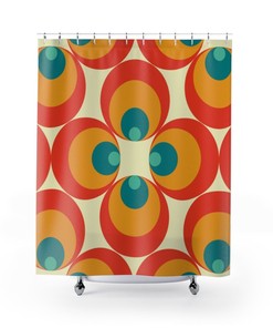 Retro Orbs and Peacock Eye Teal, Burnt Orange, and Yellow Mid Century Modern Shower Curtains