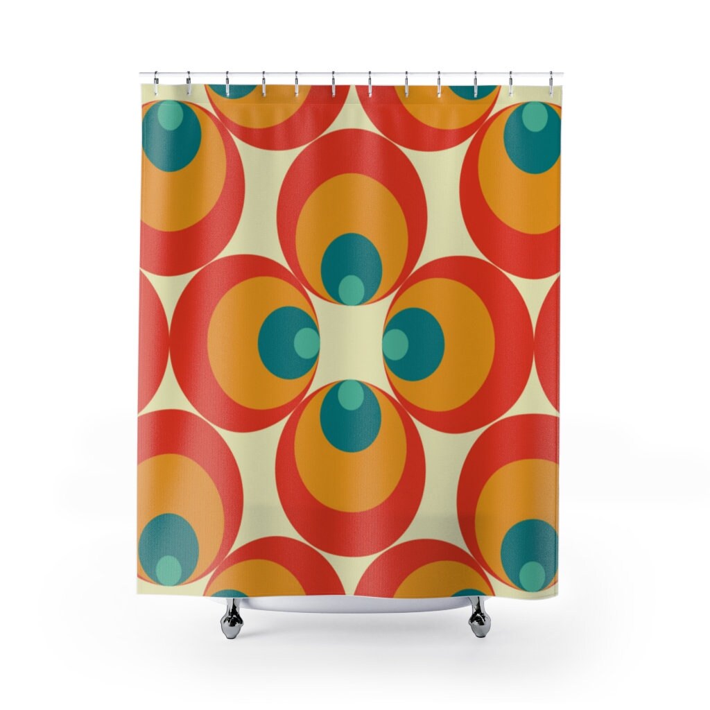 Retro Orbs and Peacock Eye Teal, Burnt Orange, and Yellow Mid Century Modern Shower Curtains
