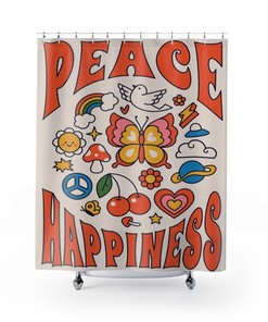 Retro Peace Happiness Shower Curtain, Groovy 60's 70's Hippie Bathroom Accessory, Vintage Curtain with Positive Message
